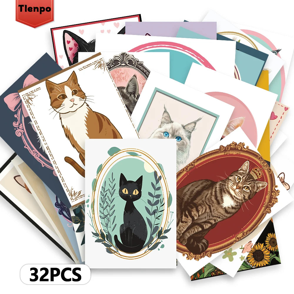 32pcs Vintage Cat Postcard Set, Retro Cat Photo Frame, Christmas Gift, Bedroom Decor, Thick Cardstock, High Definition Printing