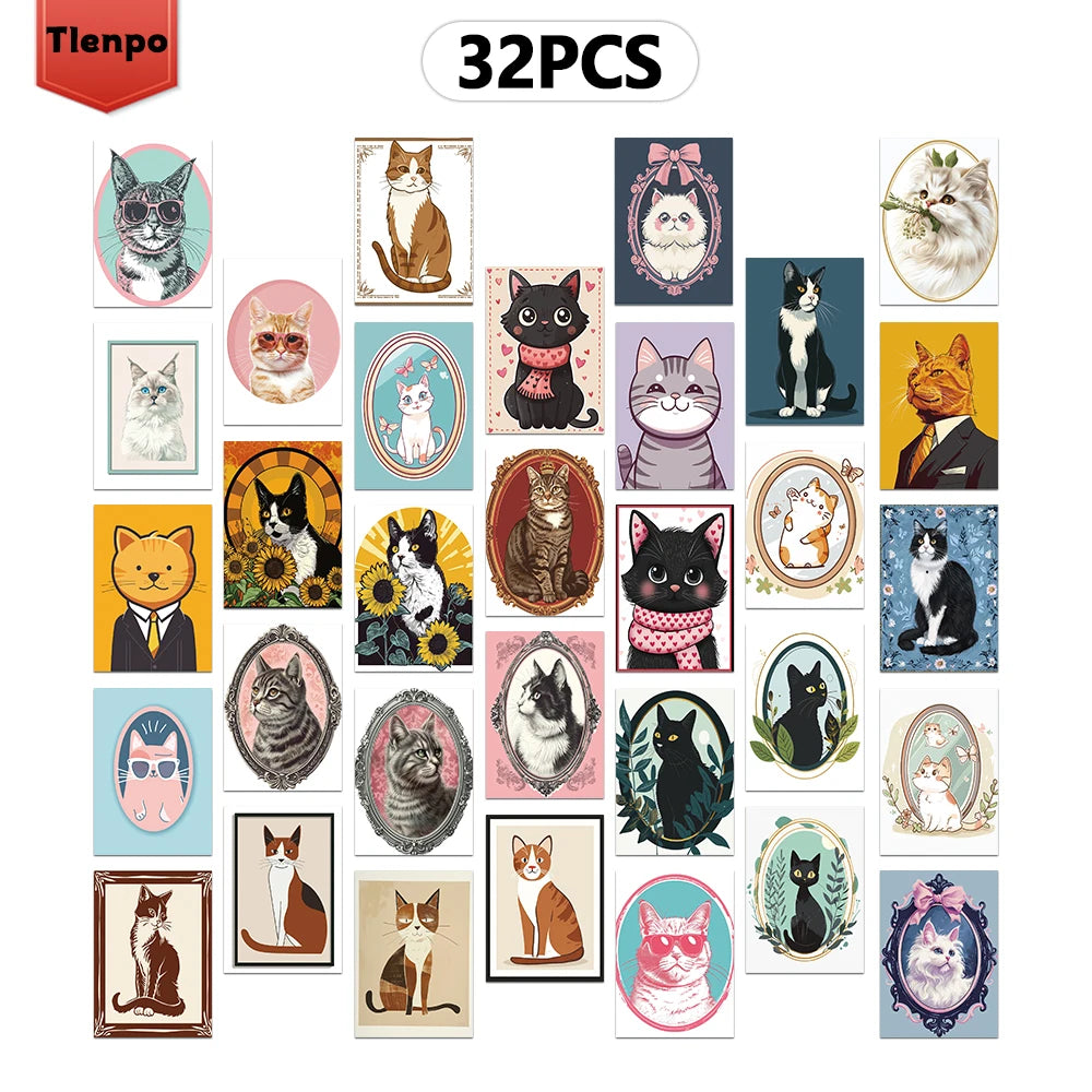 32pcs Vintage Cat Postcard Set, Retro Cat Photo Frame, Christmas Gift, Bedroom Decor, Thick Cardstock, High Definition Printing